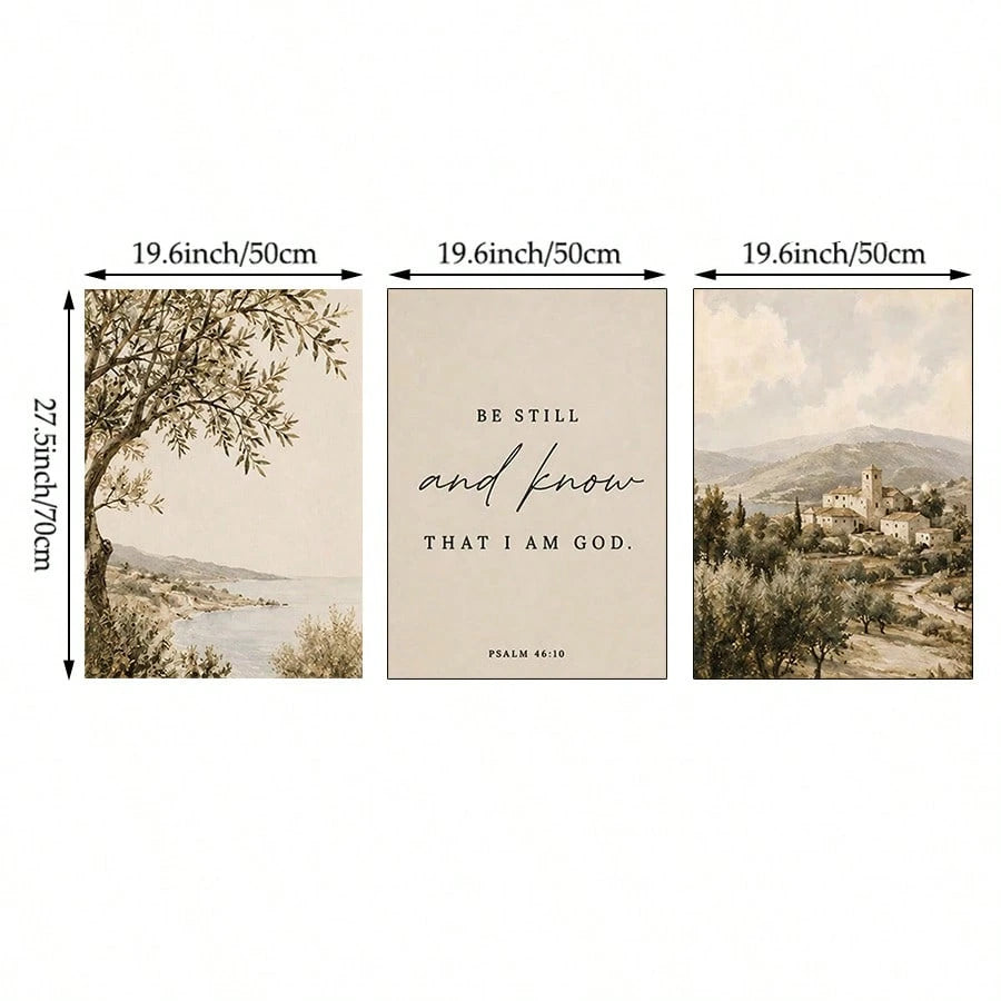 Three vertical wall art panels shown side by side with dimension labels. The left panel depicts a tree and water landscape in muted beige and brown tones.