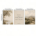 Three vertical wall art panels shown side by side with dimension labels. The left panel depicts a tree and water landscape in muted beige and brown tones.
