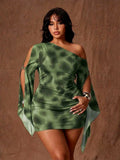 Front view of green tie-dye bodycon mini dress with one-shoulder neckline and split sleeves