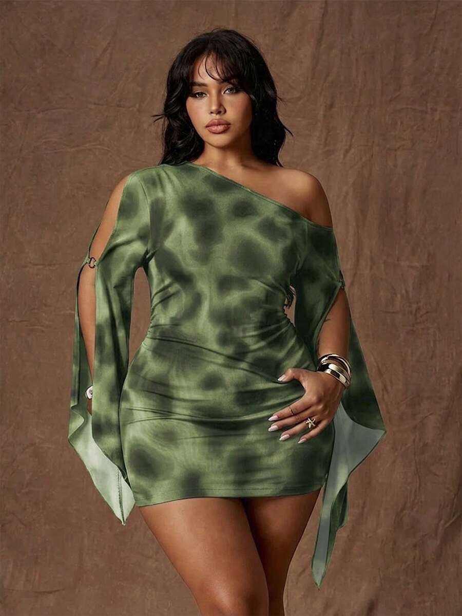Front view of green tie-dye bodycon mini dress with one-shoulder neckline and split sleeves