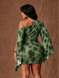 Back view of green tie-dye mini dress with asymmetric shoulder and draped sleeves