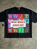 Black What Would Jesus Do graphic T-shirt front flat lay