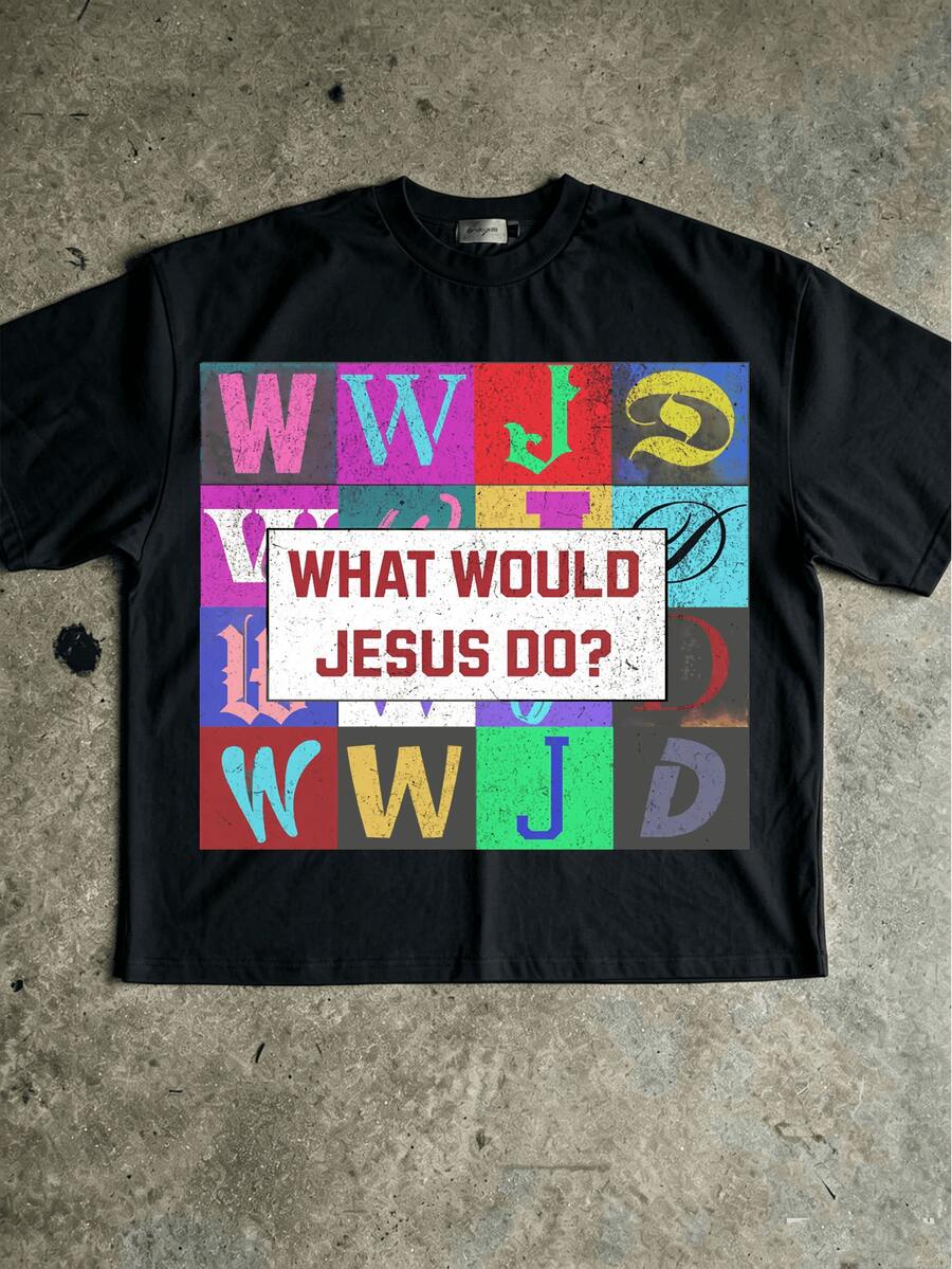 Black What Would Jesus Do graphic T-shirt front flat lay