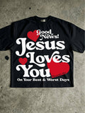 Black Good News Jesus Loves You graphic T-shirt front flat lay