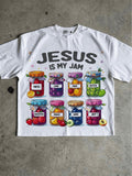 White Jesus Is My Jam fruit jar graphic T-shirt front flat lay