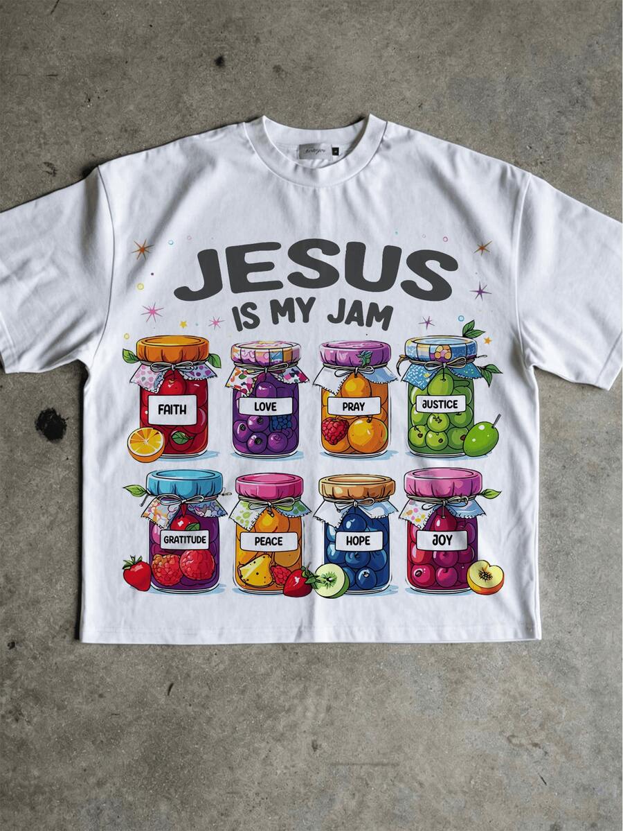 White Jesus Is My Jam fruit jar graphic T-shirt front flat lay