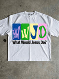 White What Would Jesus Do Christian T-shirt front flat lay