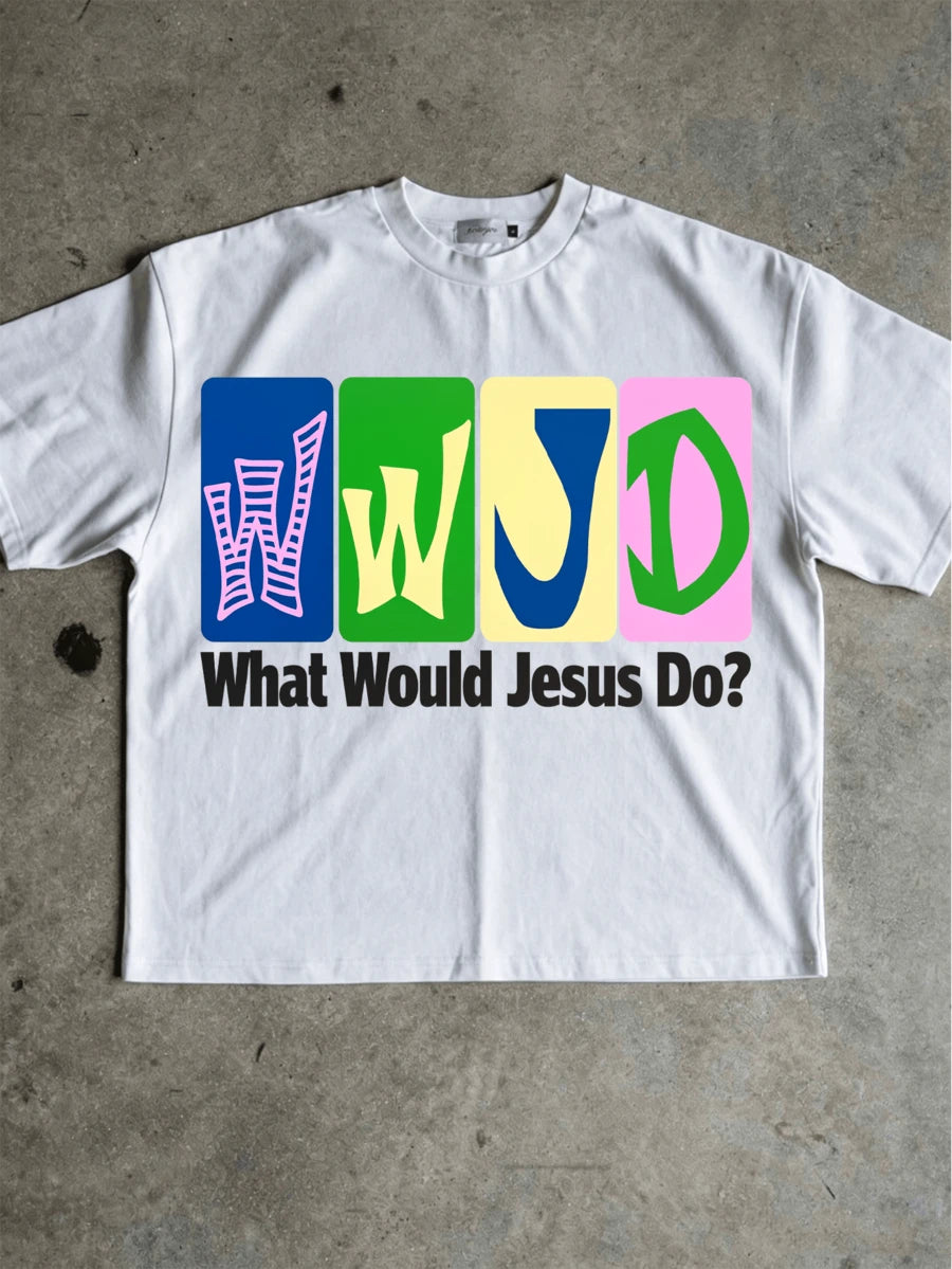 White What Would Jesus Do Christian T-shirt front flat lay