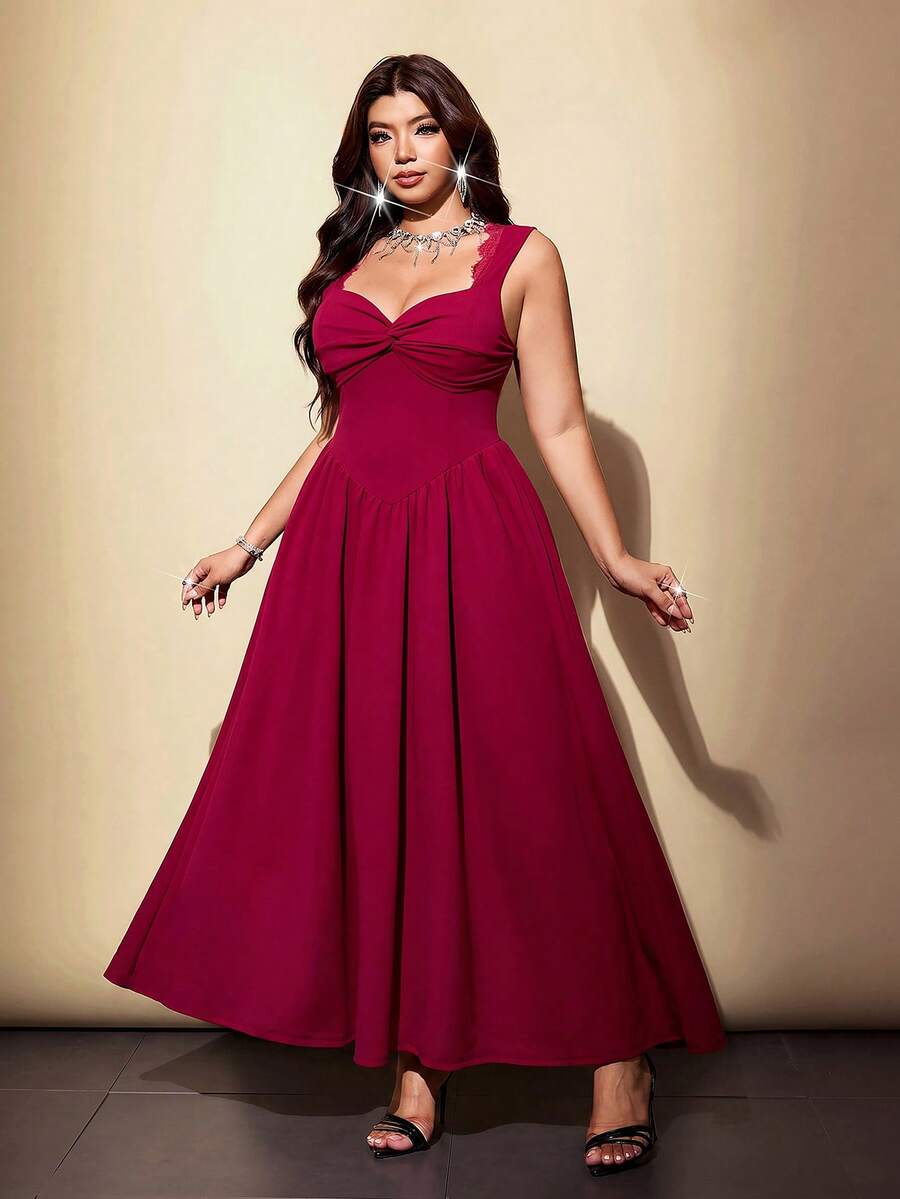 Elevate your occasion wardrobe with this plus size burgundy knit dress, designed to combine a flattering fit with elegant feminine details. Featuring a twisted neckline, delicate lace straps, and a rich burgundy hue, this dress creates a polished silhouette with a touch of romantic charm. The soft knit fabric offers comfortable stretch and an easy fit, making it suitable for parties, date nights, dinners, weddings, birthday celebrations, and other special occasions.