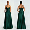 Front and back views of a dark green satin gown with lace-up back