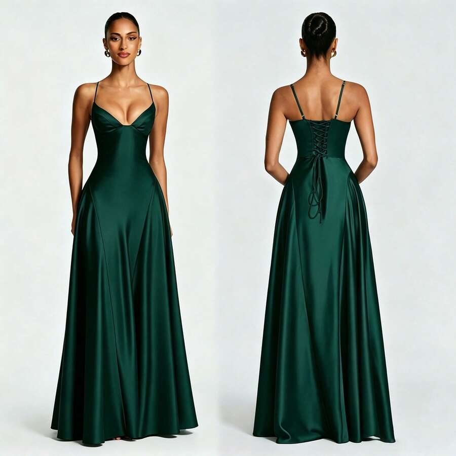 Front and back views of a dark green satin gown with lace-up back