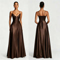 Front and back views of a chocolate brown satin evening gown