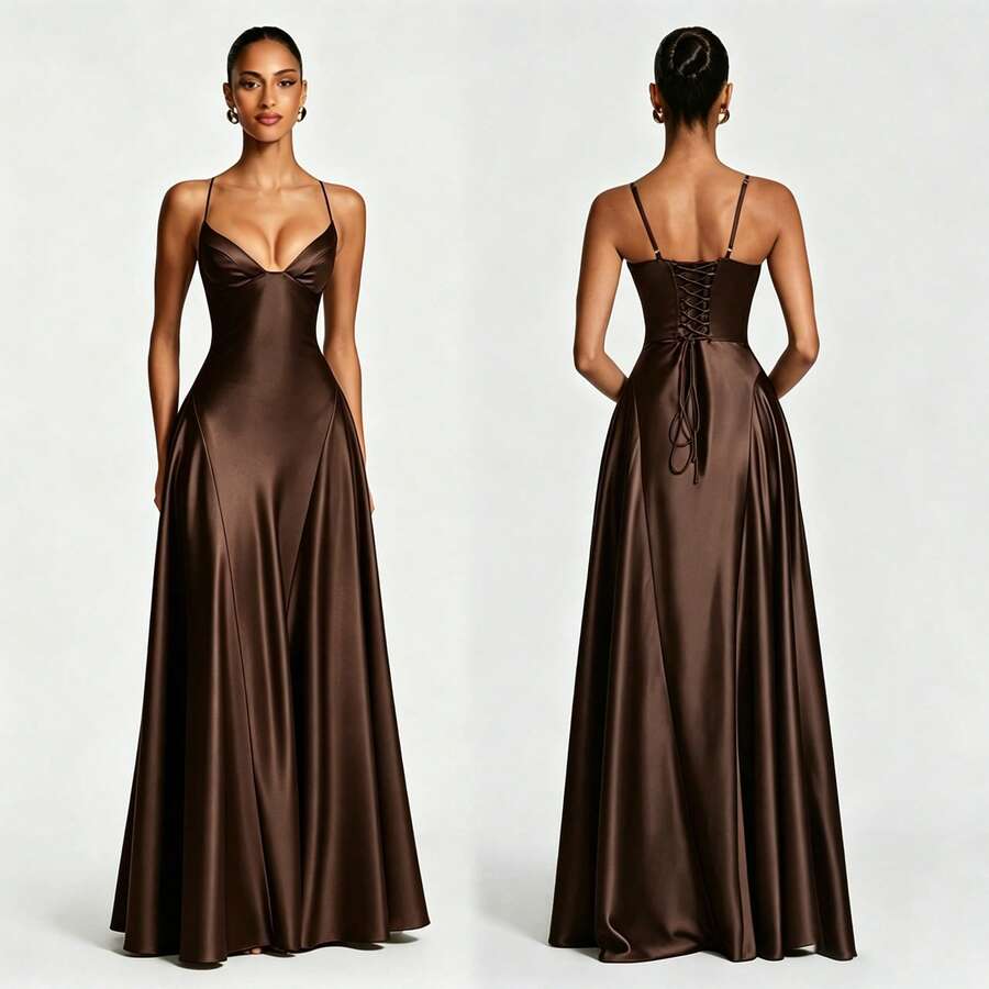 Front and back views of a chocolate brown satin evening gown