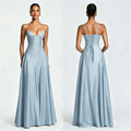 Front and back views of a light blue satin spaghetti-strap gown