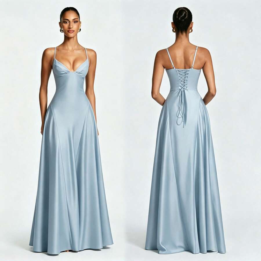 Front and back views of a light blue satin spaghetti-strap gown