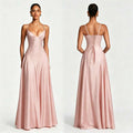Front and back views of a blush pink satin gown with a lace-up back