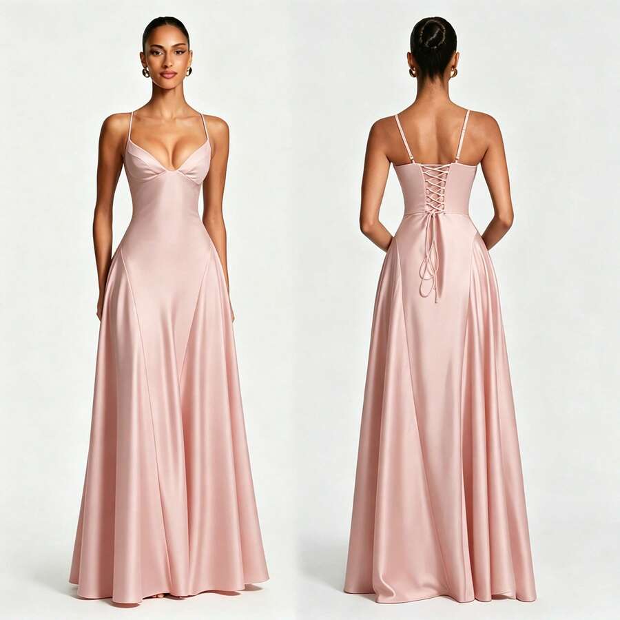 Front and back views of a blush pink satin gown with a lace-up back