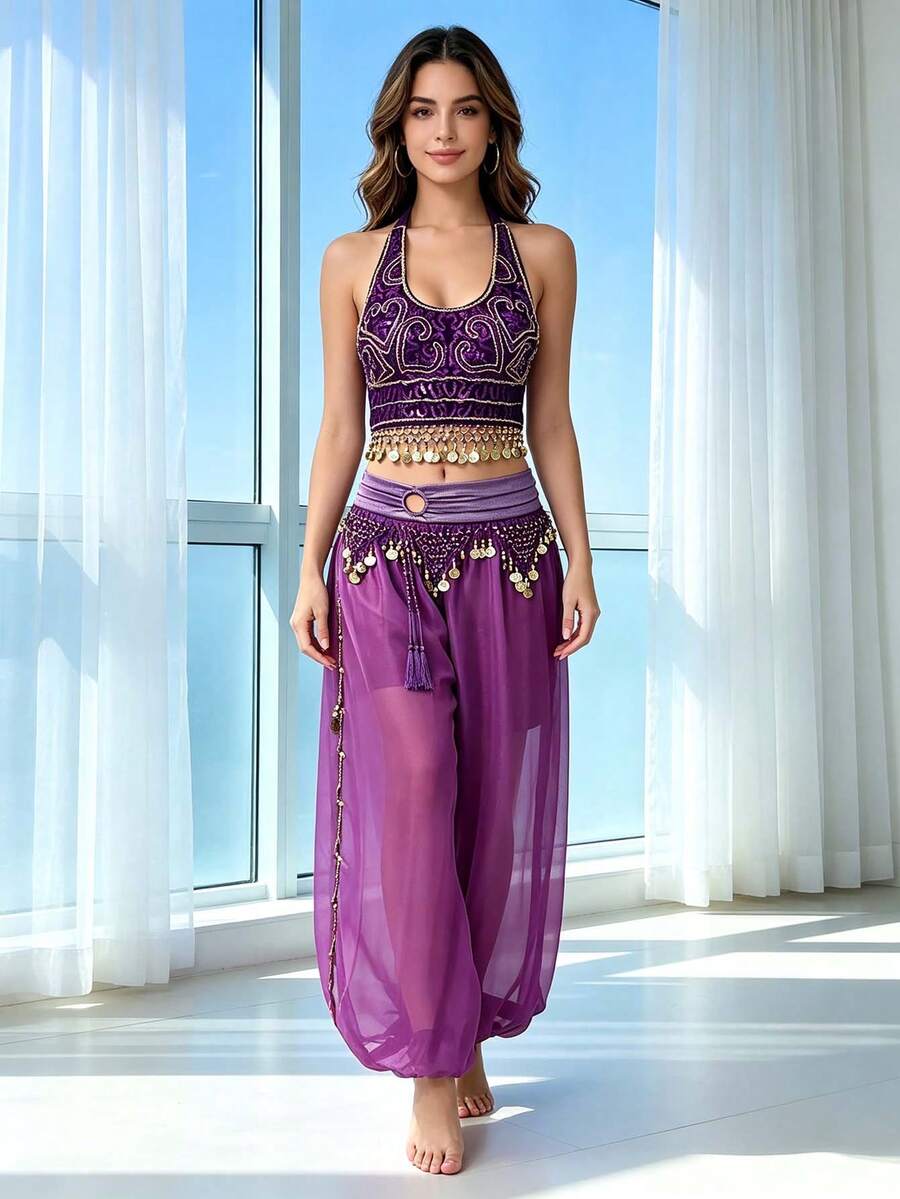 Purple beaded halter crop top with gold coin tassels and sheer harem pants