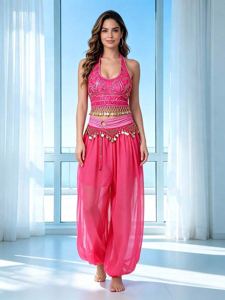 Animated view of belly dance halter top and coin tassel harem pants costume