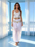 White and gold beaded halter top with sheer harem pants dance outfit