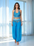 Lake blue beaded halter top and chiffon-look harem pants dance costume