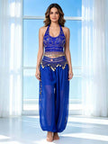 Royal blue coin tassel belly dance costume with halter crop top and harem pants
