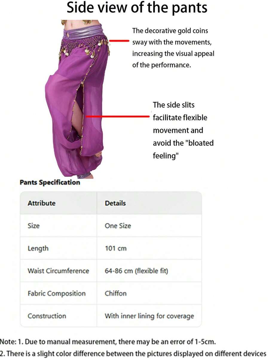 Purple chiffon-look harem pants with gold coin trim side view
