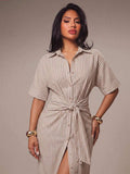 Close view of apricot striped button front midi dress