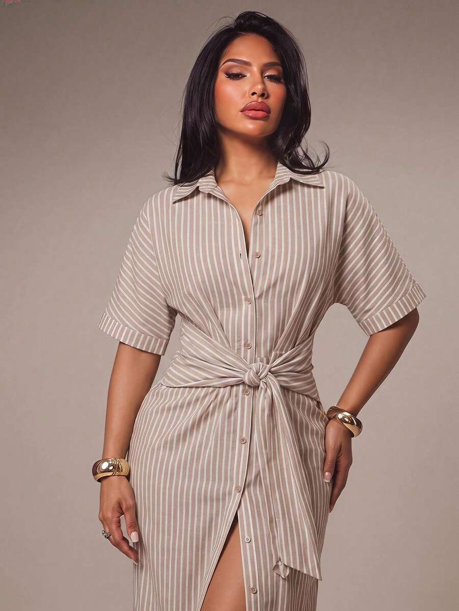 Close view of apricot striped button front midi dress