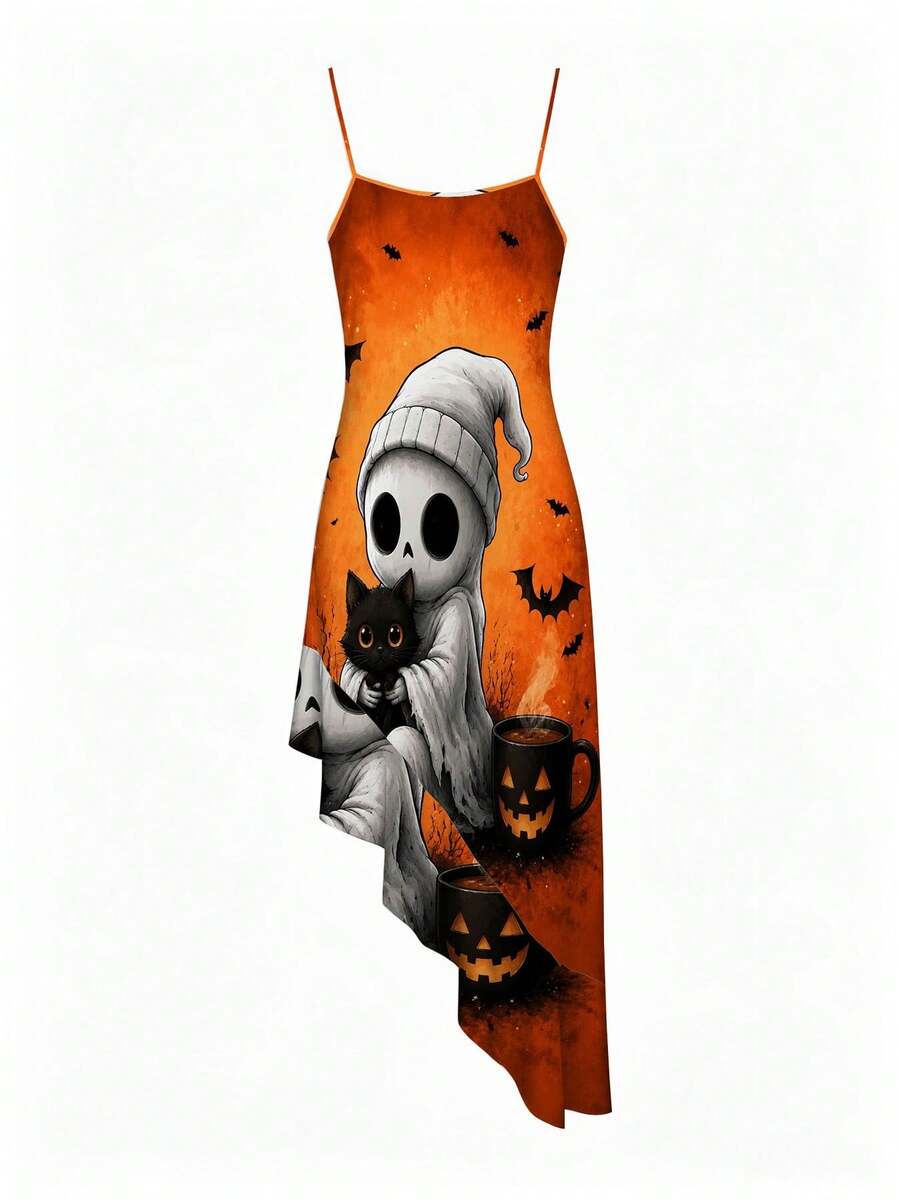 Front model view of orange Halloween ruffle hem dress with skull and black cat graphic