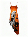 Flat front view of orange sleeveless Halloween dress with skull black cat and bat print