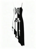 Front view of black and white spaghetti strap skeleton print ruffle hem dress