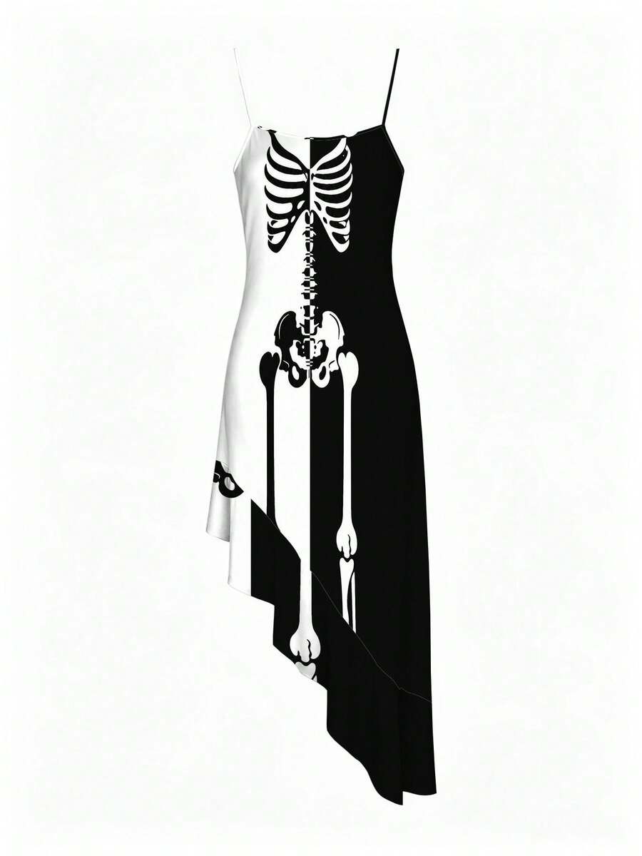 Front view of black and white spaghetti strap skeleton print ruffle hem dress