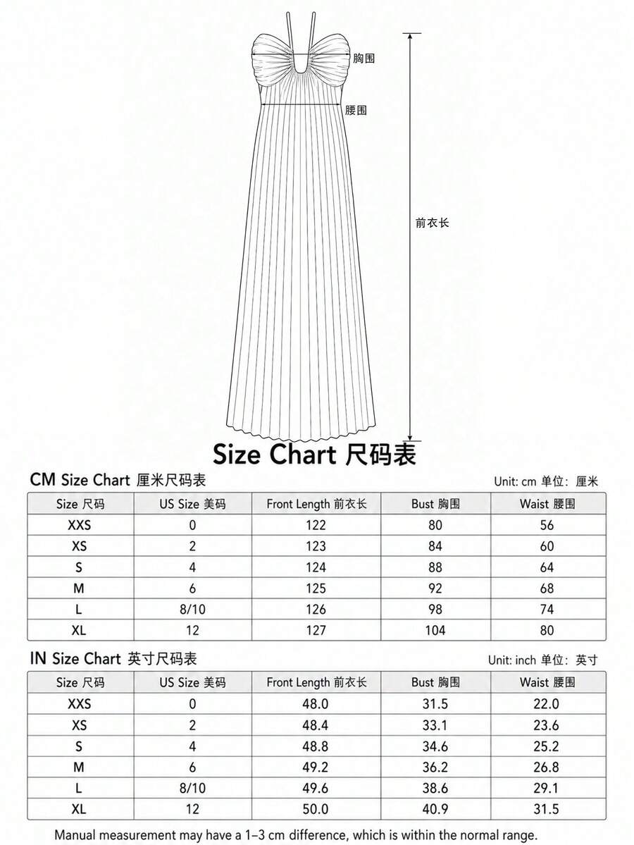 Size chart for pleated halter maxi dress showing XXS through XL measurements