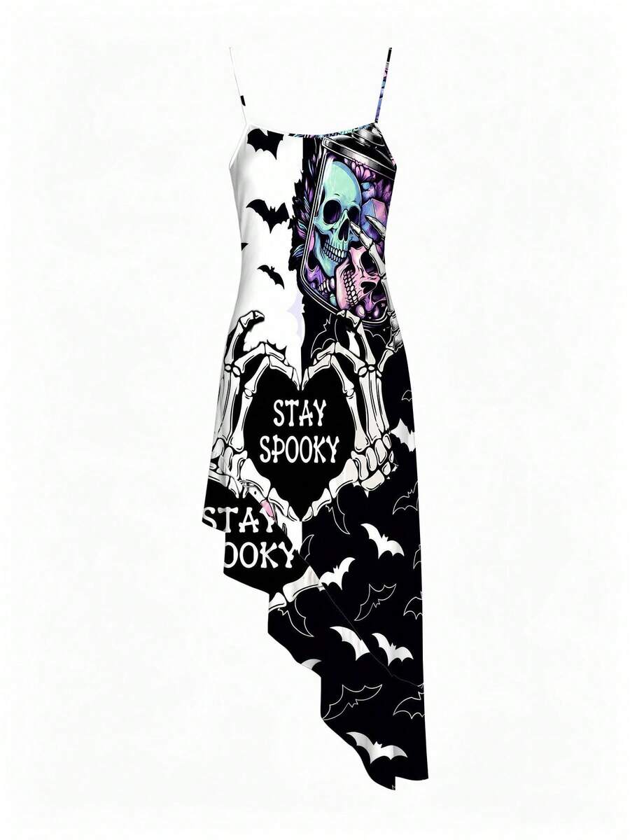 Front mirror view of skull and bat print asymmetric ruffle hem Halloween dress