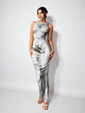 Full front view of gray marbled sleeveless fitted maxi dress