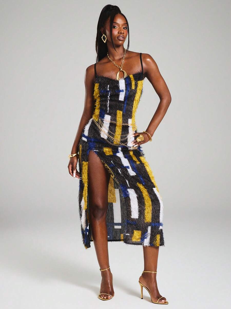 Front full-length view of color block sleeveless maxi dress with high side slit