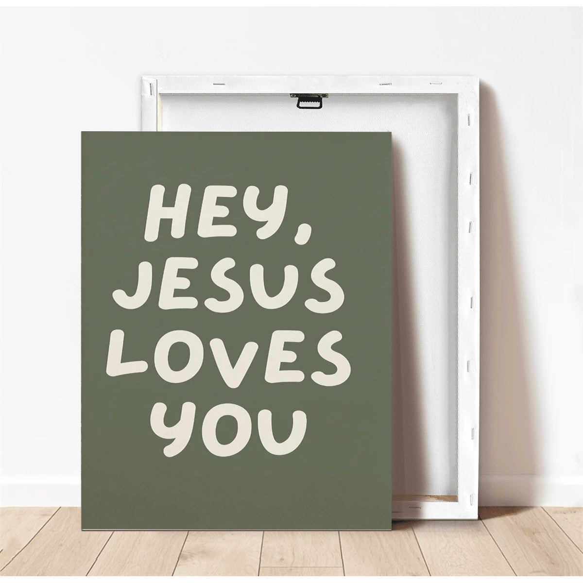 Front and back view of unframed sage green Jesus Loves You canvas print
