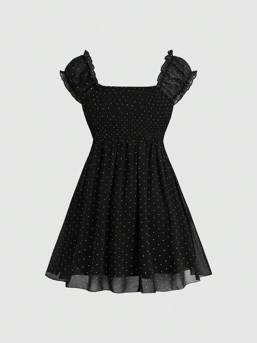 Black polka-dot mini dress with lace-trim V-neck