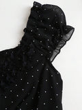 Black lace-trim babydoll mini dress with waist tie