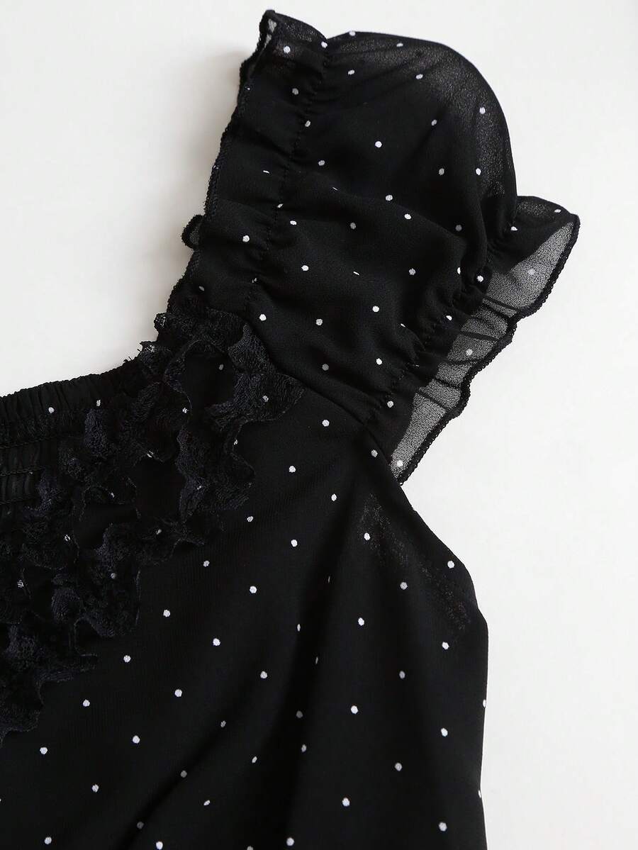 Black lace-trim babydoll mini dress with waist tie
