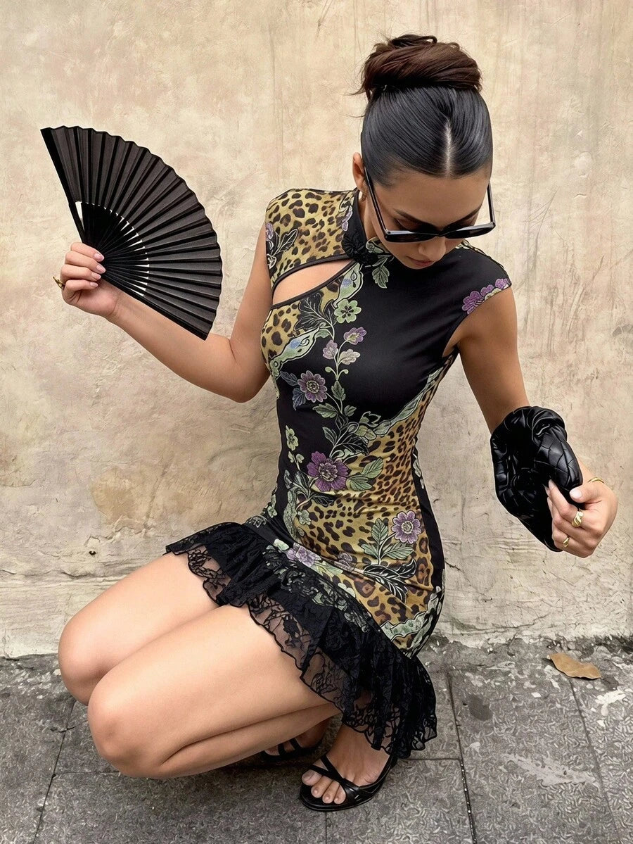 Seated outdoor view of multicolor bodycon party dress with layered sheer black lace hem