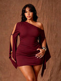 Front view of burgundy one-shoulder mini dress with split draped sleeves