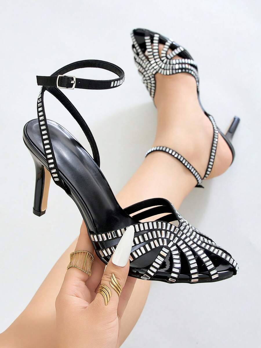 Black open-toe stiletto sandal with square rhinestone cage straps