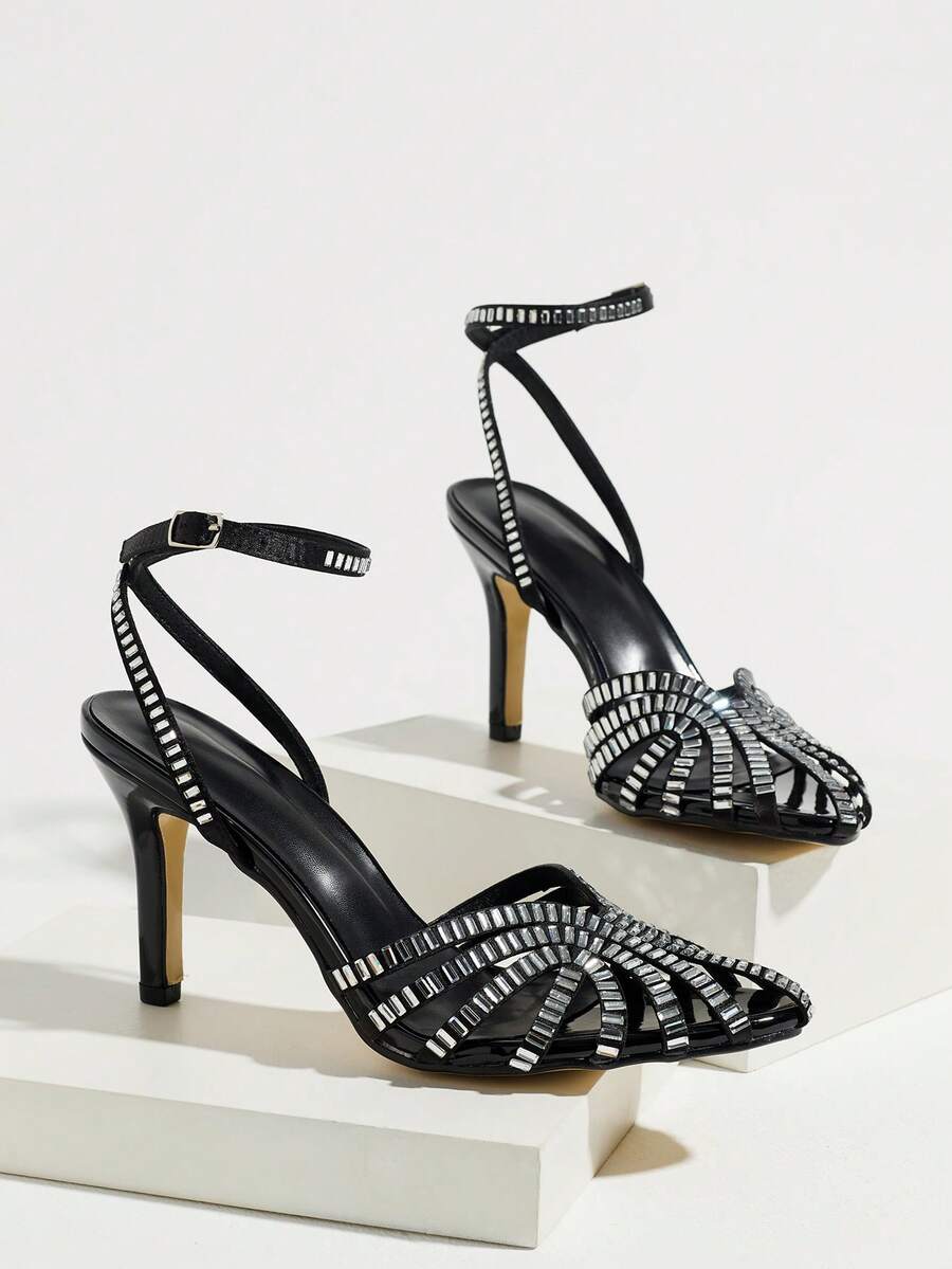 Black open-toe stiletto sandal with sparkling rhinestone straps