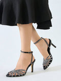 Black open-toe rhinestone stiletto sandal with ankle buckle