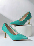 Turquoise pointed toe pump with glossy upper and gold heel