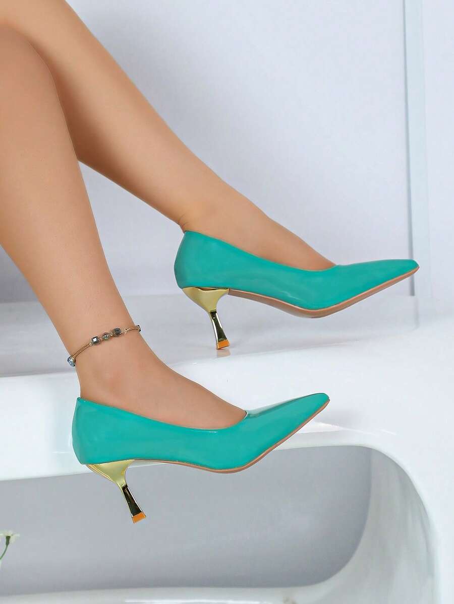 Colorful patent-look pumps in a dressy occasion styling view