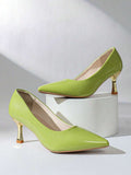 Colorful pointed toe pumps with sculpted metallic gold stiletto heel