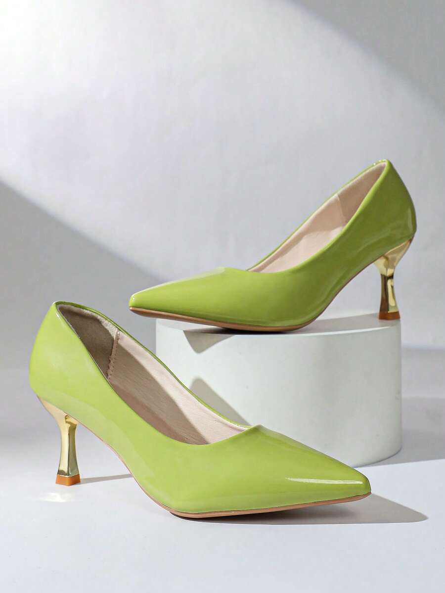 Colorful pointed toe pumps with sculpted metallic gold stiletto heel